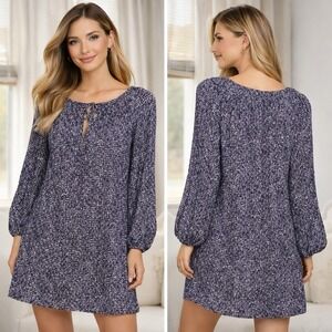 Banana Republic Factory Dress M Navy White Print Keyhole Long Sleeve Boho